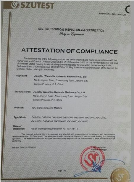 Китай Jiangsu Wanshida Hydraulic Machinery Co., Ltd Сертификаты